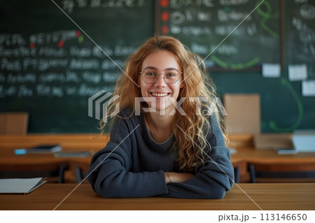 Happy young woman seated in classroom 113146650