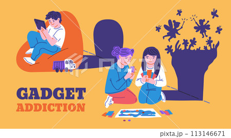 Children with and without gadget addiction, vector banner. 113146671