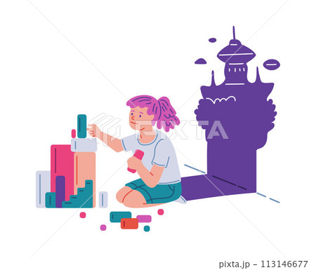 Cute child girl builds castle out of blocks, beautiful palace in shadow 113146677