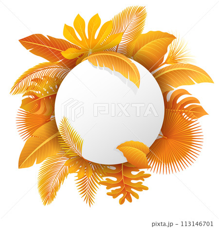Sign with Text Space of Turn Yellow Tropical Leaves. Suitable For Nature Concept, Vacation, and Autumn, Vector Illustration 113146701