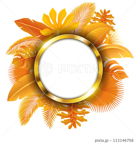 Sign with Text Space of Turn Yellow Tropical Leaves. Suitable For Nature Concept, Vacation, and Autumn, Vector Illustration Sign with Text Space of Turn Yellow Tropical Leaves. Suitable For Nature Concept, Vacation, and Autumn, Vector Illustration 113146708