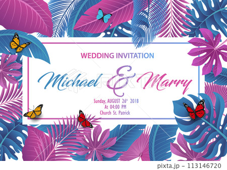Wedding Invitation with Tropical Leaves Concept, Vector Illustration 113146720