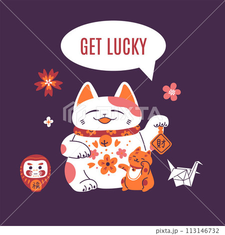 Vector flyer of Asian cat Maneki-neko with good luck wishes. 113146732
