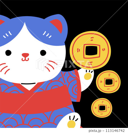 Japanese lucky cat maneki neko vector cartoon cute oriental feline figure holding coban coin with kanji meaning richness 113146742