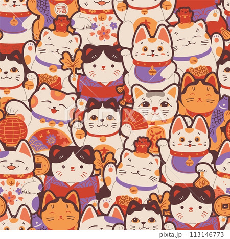 Asian illustration of Maneki Neko seamless design. Asian illustration of Maneki Neko seamless design. 113146773