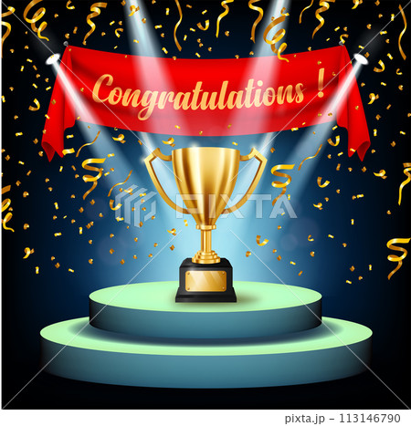Realistic Golden Trophy with Congratulations Text on Textile Banner on Stage, Vector Illustration 113146790