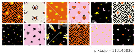 Boho celestial magic art tiger heart star comet flame fire background. Contemporary seamless pattern in playful naive bohemian style. Mystic cosmic tarot aesthetic. Black red white yellow pink colors. 113146830