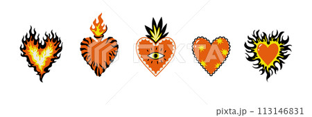 Boho celestial magic art mexican sacred hearts with stars eyes flame fire. Contemporary illustration sticker in naive bohemian style. Mystic cosmic tarot aesthetic. Black red white yellow colors Boho celestial magic art mexican sacred hearts with stars eyes flame fire. Contemporary illustration sticker in naive bohemian style. Mystic cosmic tarot aesthetic. Black red white yellow colors 113146831