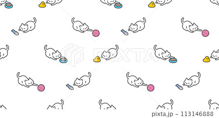 cat seamless pattern kitten playing toy neko footprint calico munchkin pet vector cartoon doodle gift wrapping paper tile background repeat wallpaper illustration isolated design 113146888