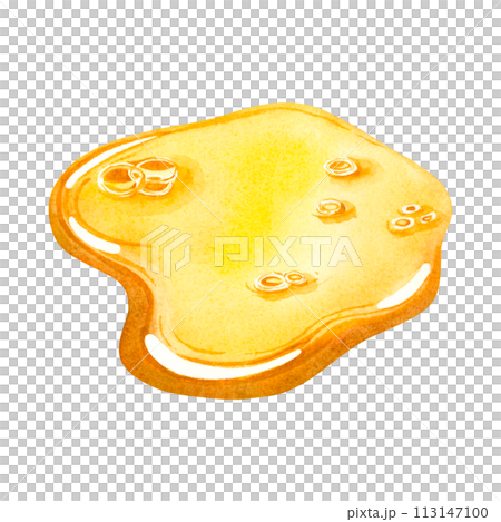 A gold drop of oil spreading over the surface. Hand drawn watercolor illustration of an oil essence isolated on the background. Beauty treatments, skin care design. Medical, spa, scientific concepts. 113147100