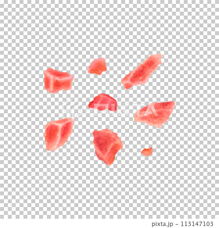 Pink Himalayan coarse salt. A scattering of crystals of salt. Hand drawn watercolor illustration on isolated background. Pieces of different shapes. Use for design promotional products. Spa concept. Pink Himalayan coarse salt. A scattering of crystals of salt. Hand drawn watercolor illustration on isolated background. Pieces of different shapes. Use for design promotional products. Spa concept. 113147103
