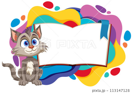 Colorful Cat and Open Book Illustration Colorful Cat and Open Book Illustration 113147128