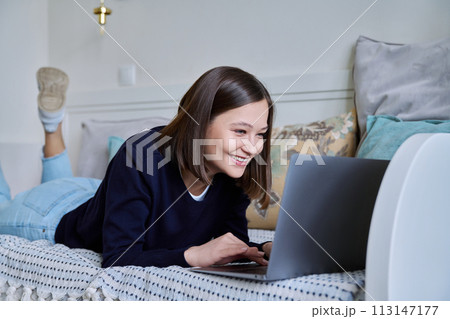 Young woman using laptop lying on sofa at home Young woman using laptop lying on sofa at home 113147177