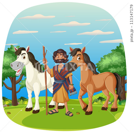 Shepherd with Horses in Pasture Shepherd with Horses in Pasture 113147179