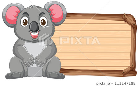 Cheerful Koala with Wooden Sign Cheerful Koala with Wooden Sign 113147189
