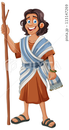 Cheerful Ancient Traveler with Staff 113147269