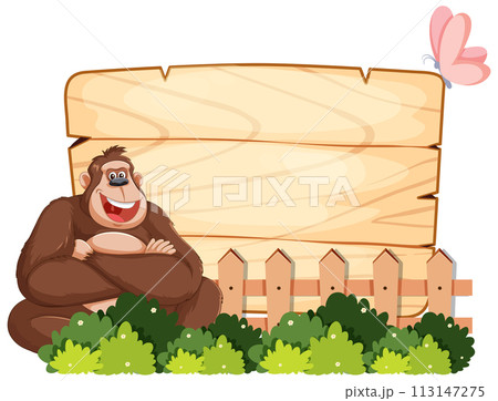 Happy Gorilla with Wooden Sign 113147275