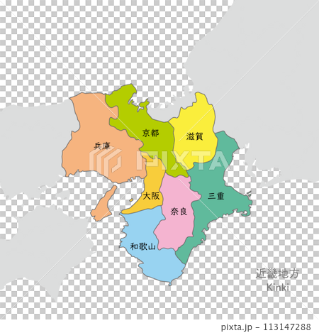 Kinki region, colorful map of the Kinki region, with Japanese prefecture names Kinki region, colorful map of the Kinki region, with Japanese prefecture names 113147288