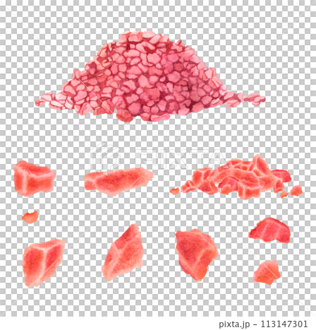 Pink Himalayan coarse salt. A scattering of crystals of salt. Hand drawn watercolor illustration on isolated background. Pieces of different shapes. Use for design promotional products. Spa concept. 113147301