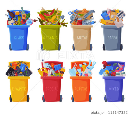 Waste Sorting, Set of Trash Cans with Sorted Garbage, Segregation and Separation Rubbish Disposal Refuse Bins Vector Illustratio Waste Sorting, Set of Trash Cans with Sorted Garbage, Segregation and Separation Rubbish Disposal Refuse Bins Vector Illustratio 113147322