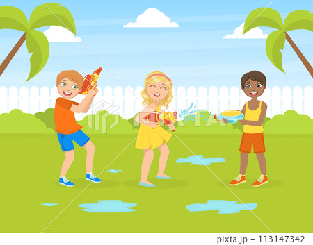 Cute Children Playing with Water Guns Outdoors, Happy Boys and Girl Having Fun in Summer Vacation Vector Illustration 113147342