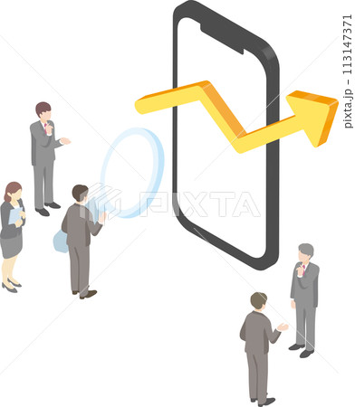 アイソメトリック　ビジネス　スマートフォン　人物　男性　女性　web　seo　シンプル　イラスト素材 113147371