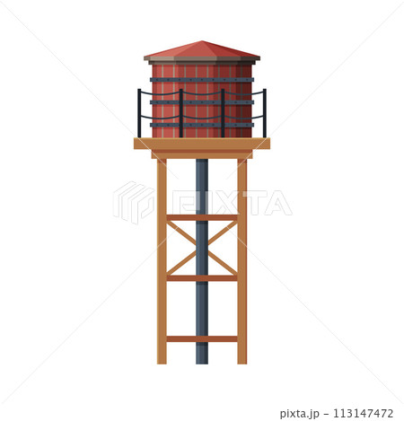 Old Brick Water Tower, Liquid Storage Industrial Construction, Countryside Life Object Flat Vector Illustration on White Background Old Brick Water Tower, Liquid Storage Industrial Construction, Countryside Life Object Flat Vector Illustration on White Background 113147472