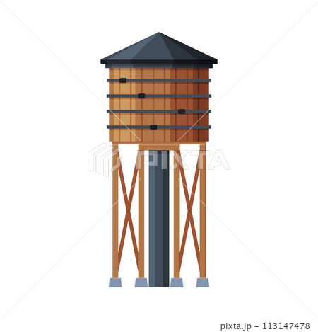 Wooden Water Tower, Liquid Storage Tank, Countryside Life Object Flat Vector Illustration on White Background Wooden Water Tower, Liquid Storage Tank, Countryside Life Object Flat Vector Illustration on White Background 113147478