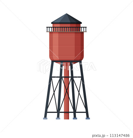 Red Water Tower, Liquid Storage Tank, Countryside Life Object Flat Vector Illustration on White Background 113147486