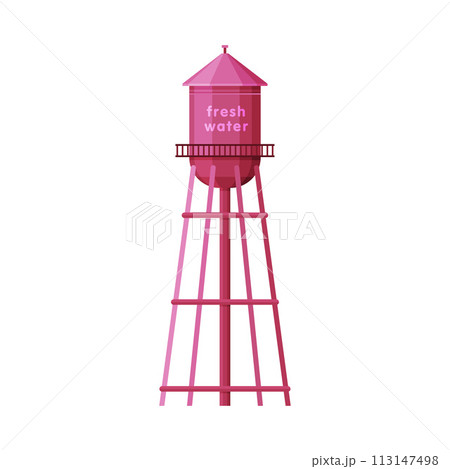Fresh Water Industrial Construction, Pink Tower, Liquid Storage Tank, Countryside Life Object Flat Vector Illustration on White Background 113147498