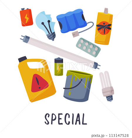 Special Waste Sorting, Segregation and Separation of Garbage Vector Illustration on White Background Special Waste Sorting, Segregation and Separation of Garbage Vector Illustration on White Background 113147528