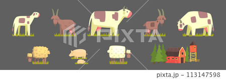 Cattle and Livestock Grazing on Green Pasture Vector Set Cattle and Livestock Grazing on Green Pasture Vector Set 113147598