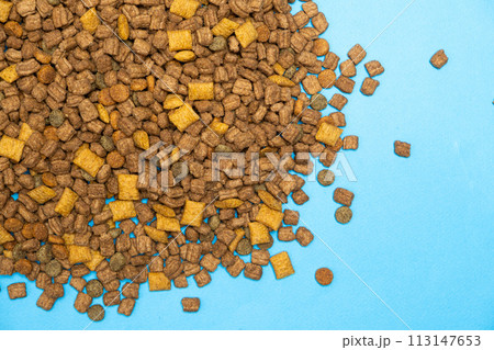 Dry food for kittens and cats close-up. A complete cat diet Dry food for kittens and cats close-up. A complete cat diet 113147653