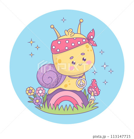 Funny retro groovy snail hippy character. Comic cute insect kawaii with peace sign on rainbow. Cool vector illustration in trendy 70s style . 113147715