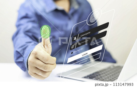 futuristic digital processing of biometric identification fingerprint scanner. Concept  Digital transformation for next generation technology.surveillance and security scanning of digital futuristic. 113147993