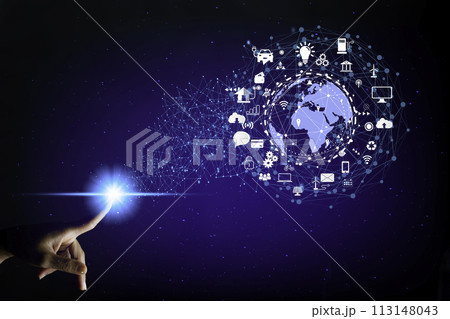 business people pointing to internet connection virtual screen interface technology information technology network Wireless innovation around the world Internet data collection technology for business 113148043