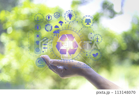eco friendly energy. Innovation technology eco green concept. Icon bulb energy sources for renewable on green blur background.Concept with innovation inspiration. Idea innovative from the big data 113148070