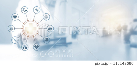 Medical Technology diagnosis of medical treatment concepts. Doctor and stethoscope of touch icon. Medical Technology analysis the Network connection virtual screen interface. Hospital blur Background. 113148090