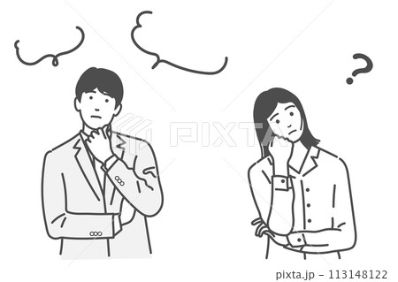 迷う、考える、悩む、疑問に思う男女、人物のベクターイラストセット　モノクロ、白バック、背景なし 113148122
