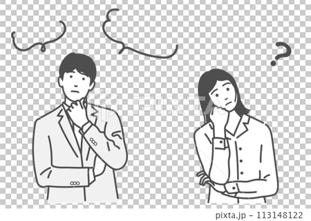 迷う、考える、悩む、疑問に思う男女、人物のベクターイラストセット　モノクロ、白バック、背景なし 113148122