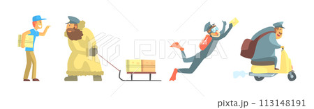 Postman Funny Character Delivering Post and Letters Vector Set 113148191