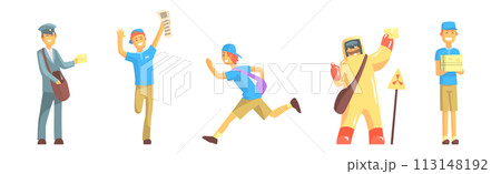 Postman Funny Character Delivering Post and Letters Vector Set 113148192