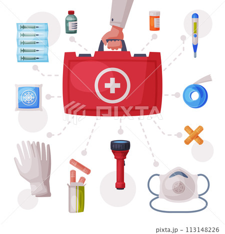 Doctors Hand Holding First Aid Kit Box with Medical Equipment and Medications, Gloves, Flashlight, Elastic Bandage, Thermometer, Plaster, Ampule, Syringe, Mask, Pills Flat Vector Illustration 113148226