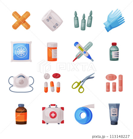 Medical Emergency Box Equipment and Medications, Mask, Tube of Ointment, Thermometer, Ampule, Syringe, Scissors, Pills Flat Vector Illustration 113148227