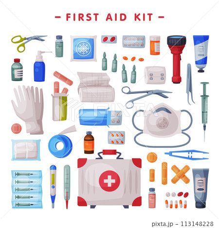 First Aid Kit, Medical Emergency Box Equipment and Medications, Flashlight, Gloves, Tube of Ointment, Thermometer, Plaster, Ampule, Syringe, Forceps, Pills Flat Vector Illustration First Aid Kit, Medical Emergency Box Equipment and Medications, Flashlight, Gloves, Tube of Ointment, Thermometer, Plaster, Ampule, Syringe, Forceps, Pills Flat Vector Illustration 113148228