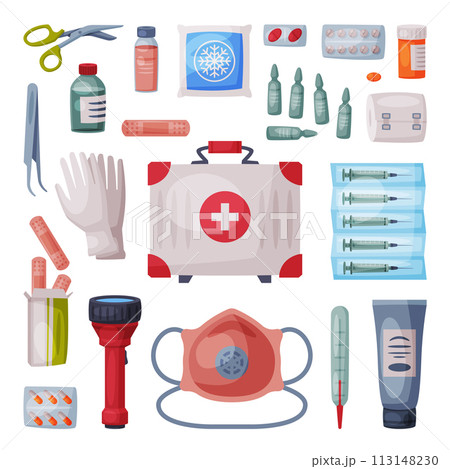 First Aid Kit Box with Medical Equipment and Medications for Emergency Service, Flashlight, Gloves, Thermometer, Plaster, Ampule, Syringes, Forceps, Bottle of Pills Flat Vector Illustration First Aid Kit Box with Medical Equipment and Medications for Emergency Service, Flashlight, Gloves, Thermometer, Plaster, Ampule, Syringes, Forceps, Bottle of Pills Flat Vector Illustration 113148230