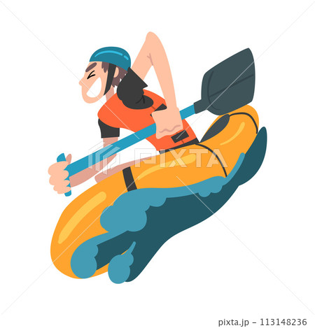 Man Rafting on Mountain River in Inflatable Boat, Extreme Hobby or Sport, Tourism and Recreational Activity Cartoon Style Vector Illustration 113148236
