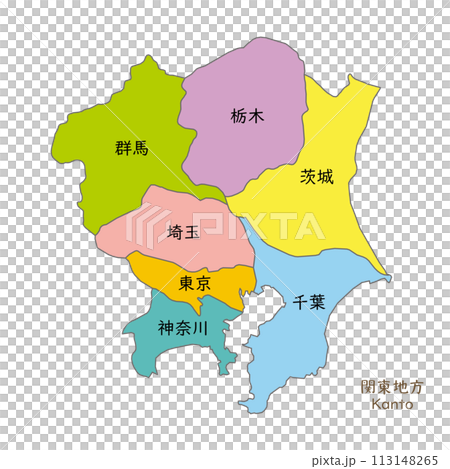 Maps, icons, and Japanese prefecture names for each prefecture in the Kanto region Maps, icons, and Japanese prefecture names for each prefecture in the Kanto region 113148265