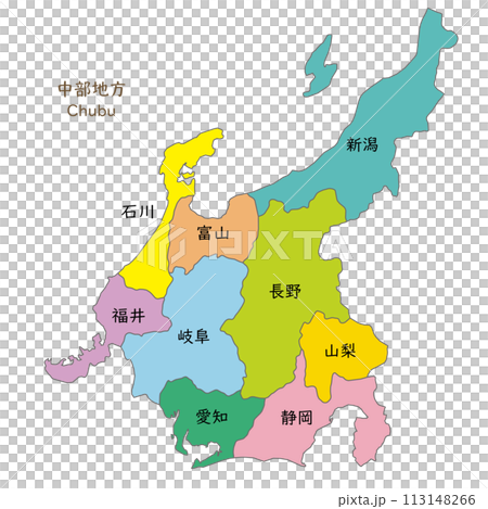 Maps, icons, and Japanese prefecture names for each prefecture in the Chubu region Maps, icons, and Japanese prefecture names for each prefecture in the Chubu region 113148266