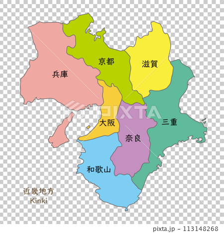 近畿地方の各県の地図、アイコン、日本語の県名入り 113148268
